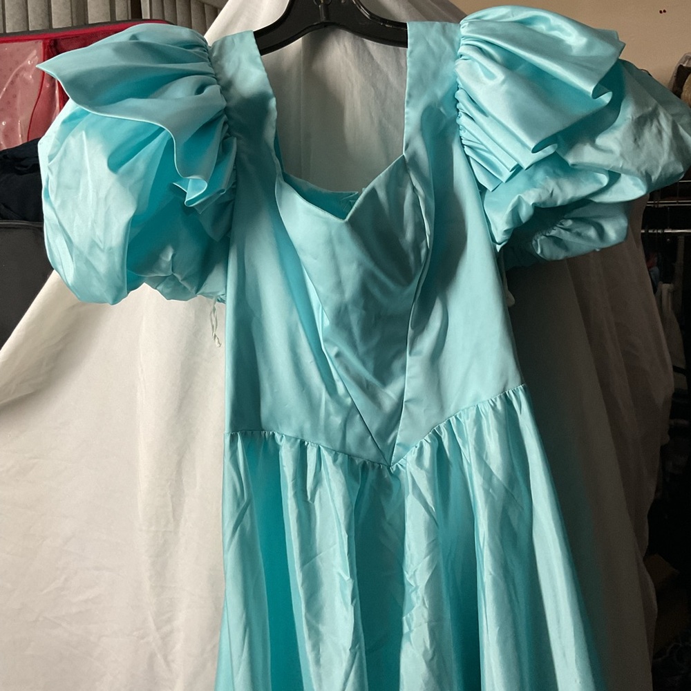 Vintage 60’s Alyce Designs Aqua Puff Sleeve Satin Dress - Picture 3 of 6